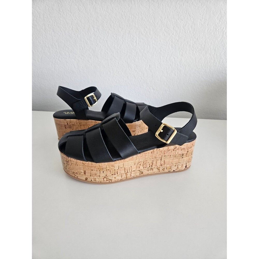 NWOT G.H. Bass & Co Helena Fisherman Platform Sandal black leather cork women 9